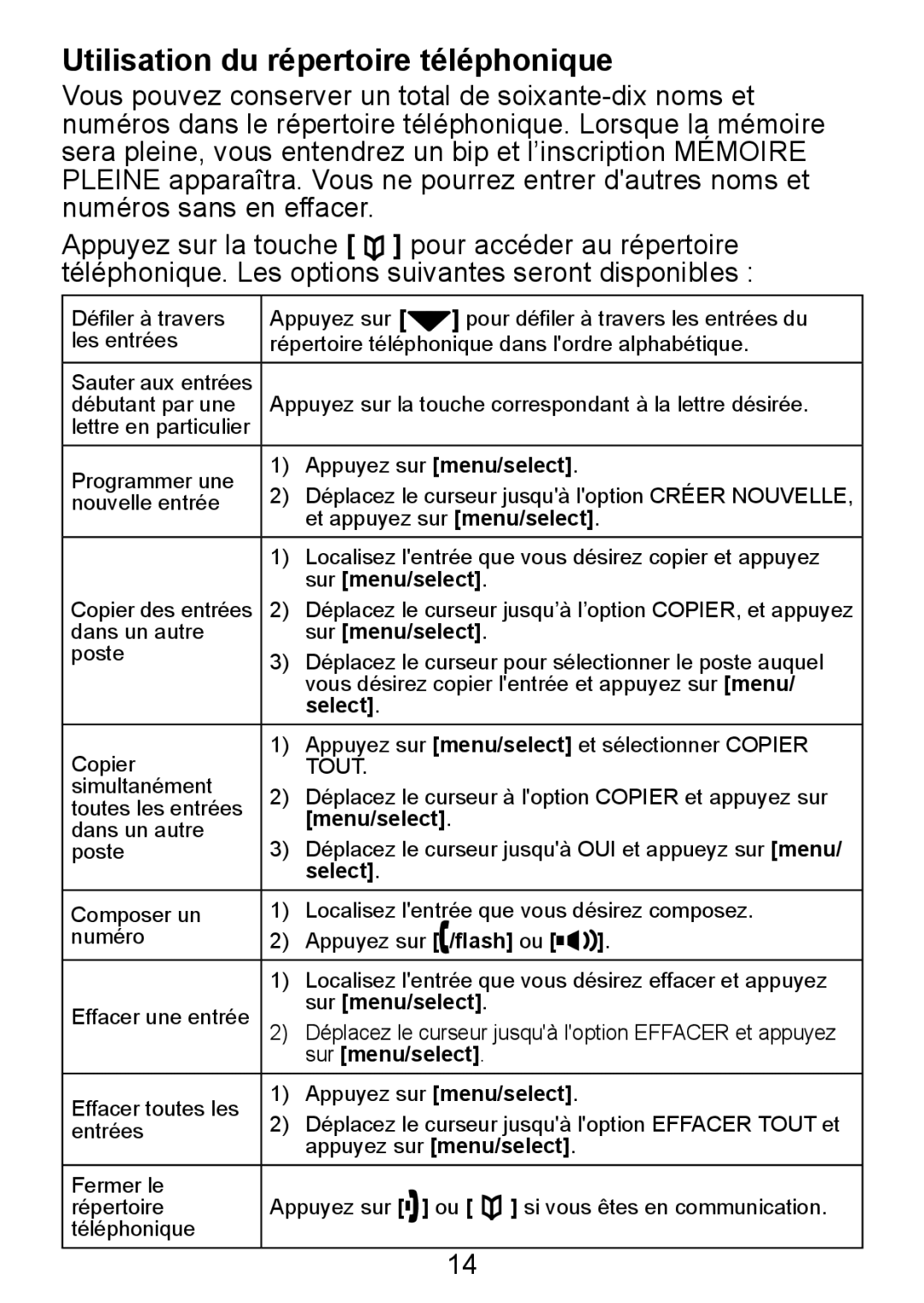 Uniden TCX950 manual Utilisation du répertoire téléphonique, Select 