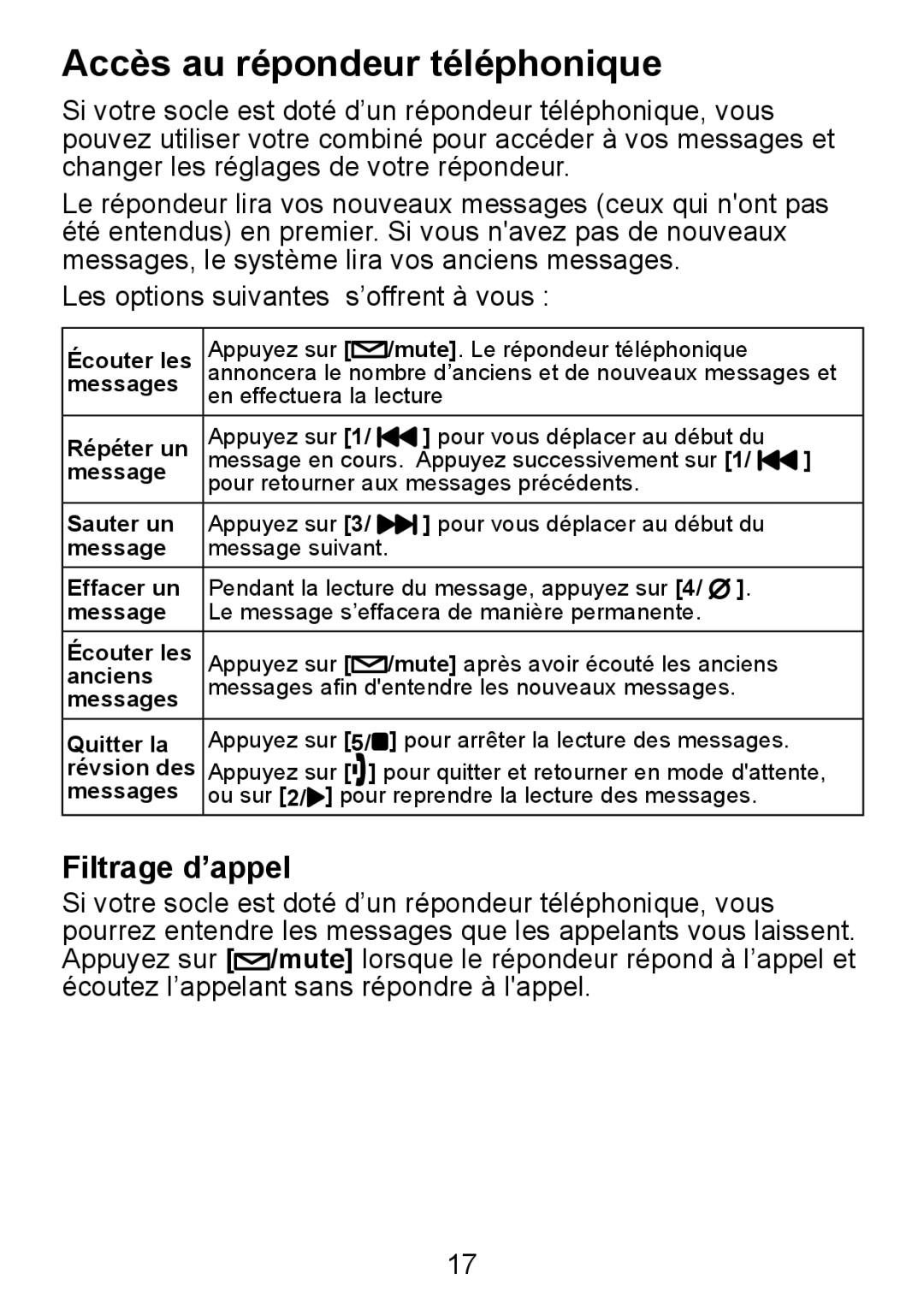 Uniden TCX950 manual Accès au répondeur téléphonique, Filtrage d’appel 