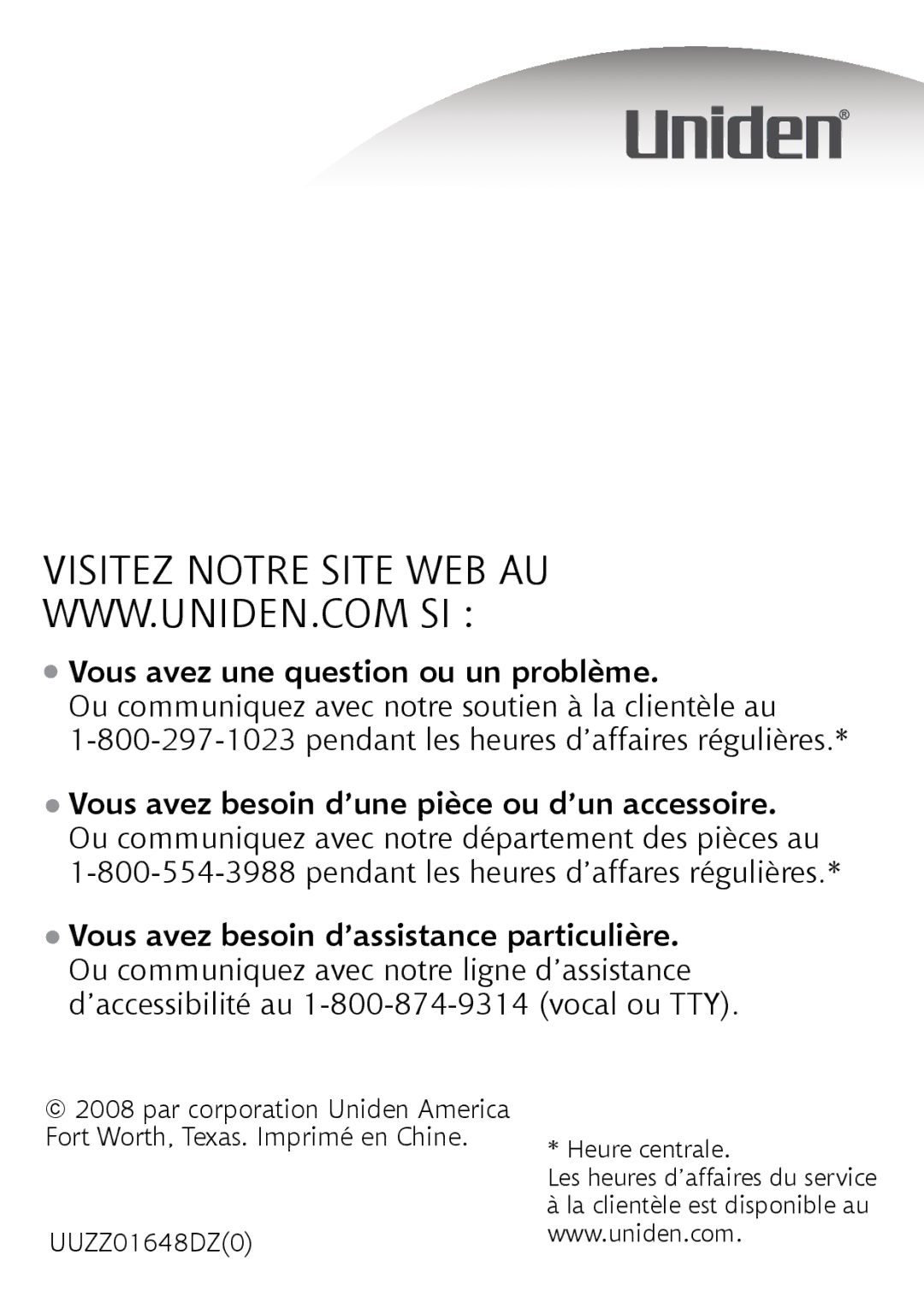 Uniden TCX950 manual Visitez Notre Site WEB AU 