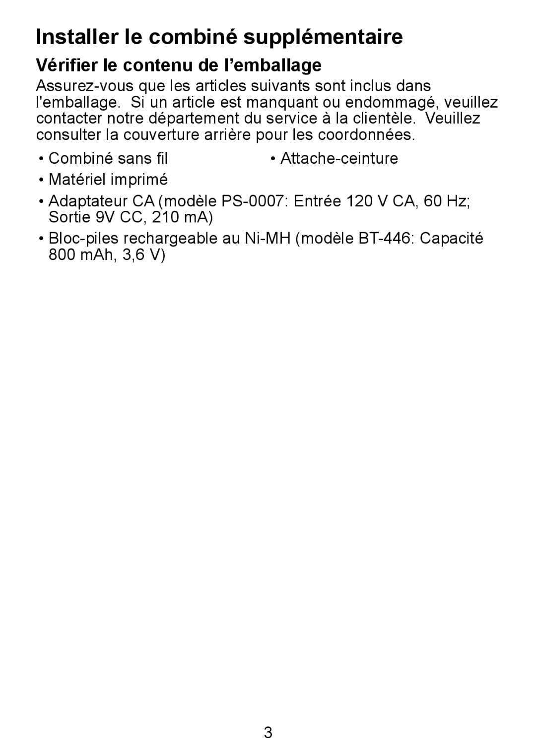 Uniden TCX950 manual Installer le combiné supplémentaire, Vérifier le contenu de l’emballage 