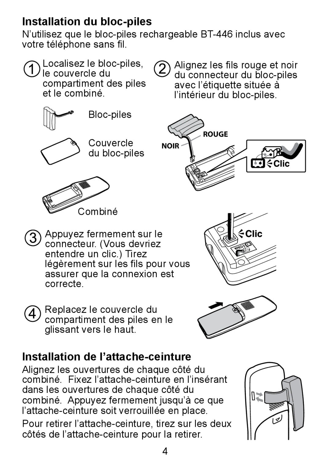 Uniden TCX950 manual Installation du bloc-piles, Installation de l’attache-ceinture 