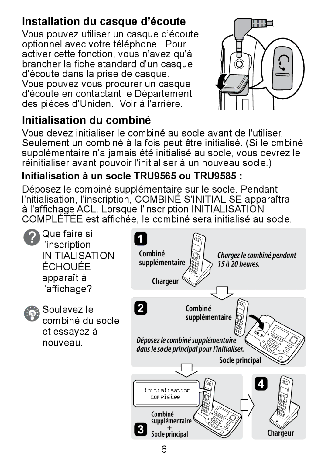 Uniden TCX950 manual Installation du casque d’écoute, Initialisation du combiné 