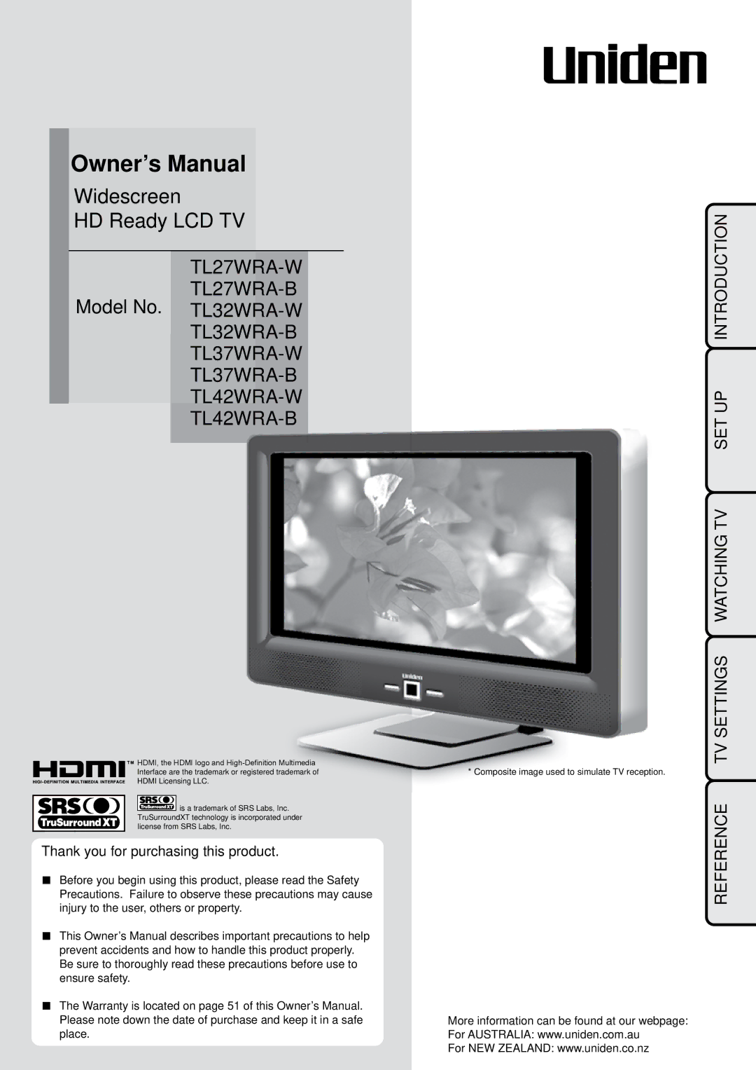 Uniden TL42WRA-W, TL42WRA-B, TL32WRA-B, TL37WRA-W, TL27WRA-B, TL37WRA-B, TL27WRA-W owner manual Widescreen HD Ready LCD TV 