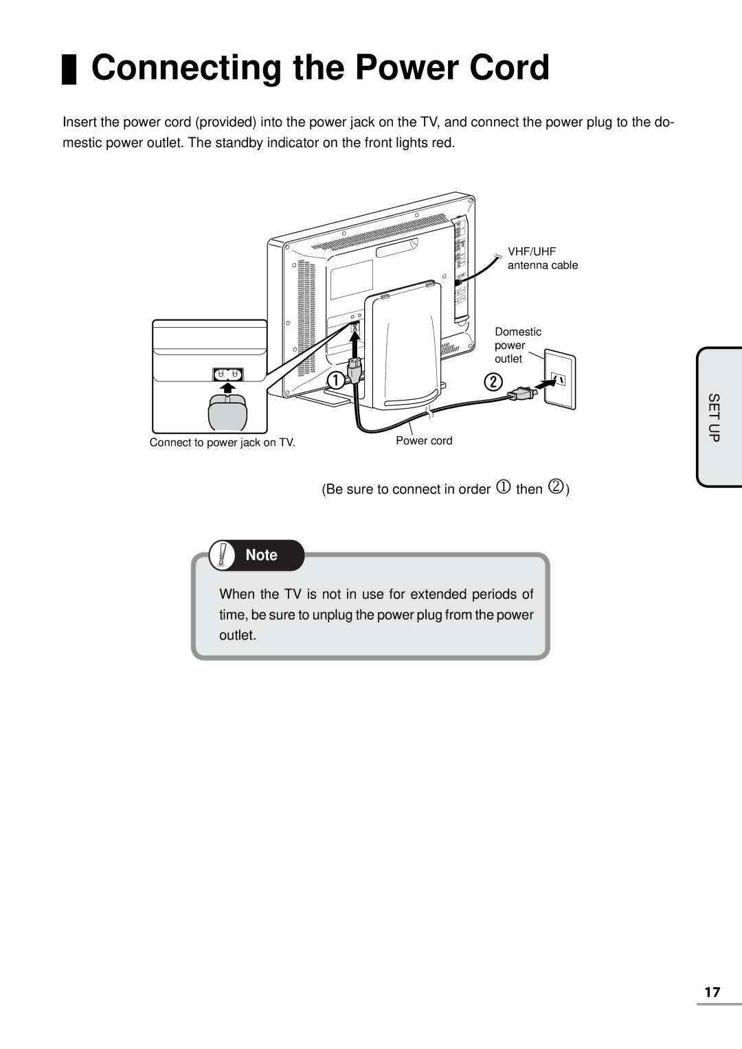 Uniden TL42WRA-W, TL42WRA-B, TL32WRA-B, TL37WRA-W, TL27WRA-B, TL37WRA-B, TL27WRA-W, TL32WRA-W Connecting the Power Cord 