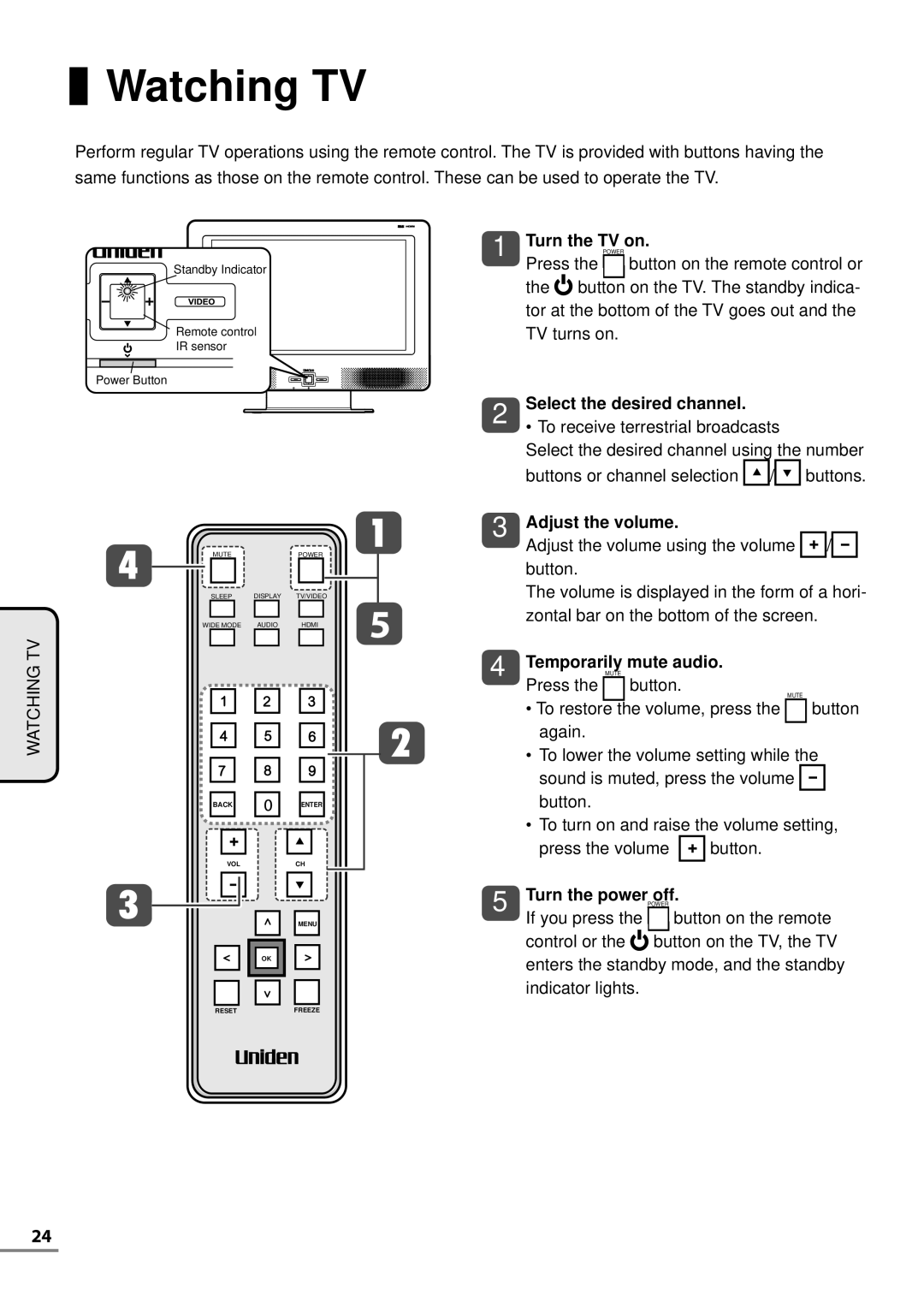 Uniden TL42WRA-B Watching TV, Turn the TV on, Select the desired channel, Adjust the volume, Turn the powerPOWERoff 