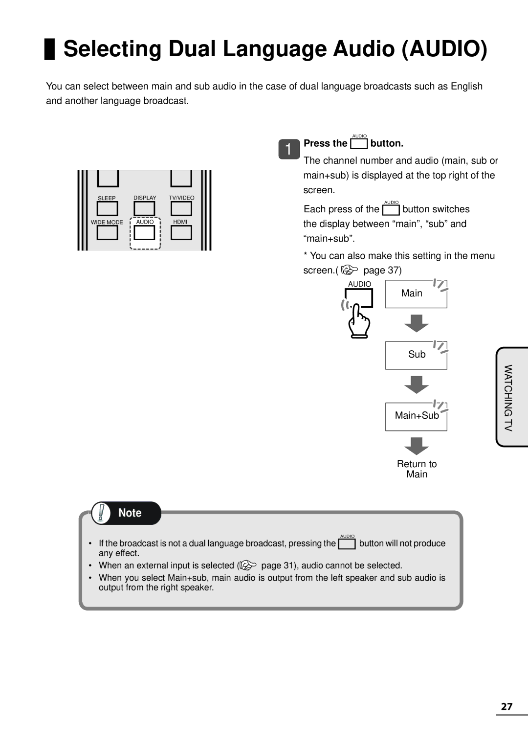 Uniden TL37WRA-W, TL42WRA-B, TL42WRA-W, TL32WRA-B, TL27WRA-B Selecting Dual Language Audio Audio, Press the Audio button 