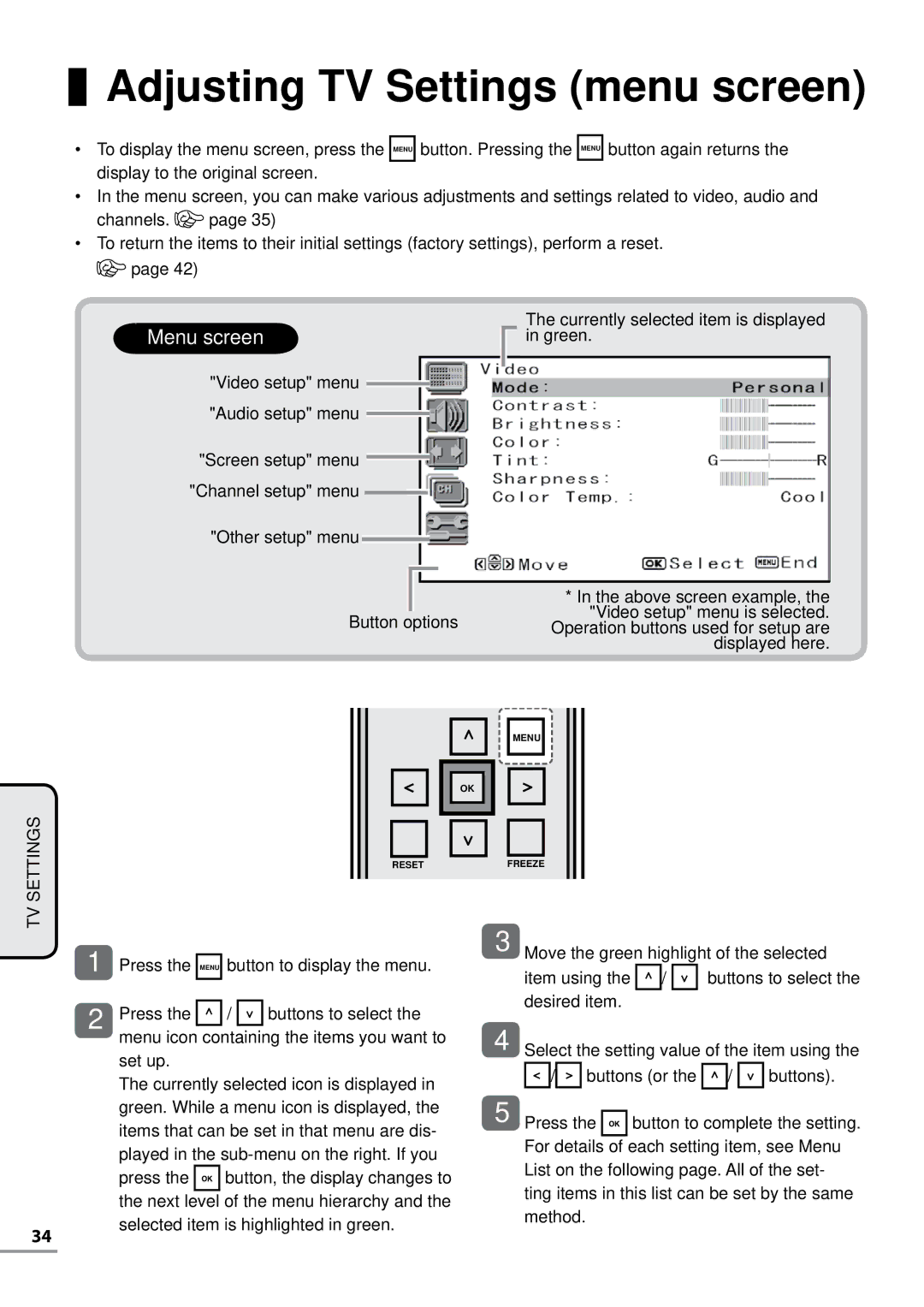 Uniden TL32WRA-B, TL42WRA-B, TL42WRA-W, TL37WRA-W, TL27WRA-B, TL37WRA-B Adjusting TV Settings menu screen, Menu screen 