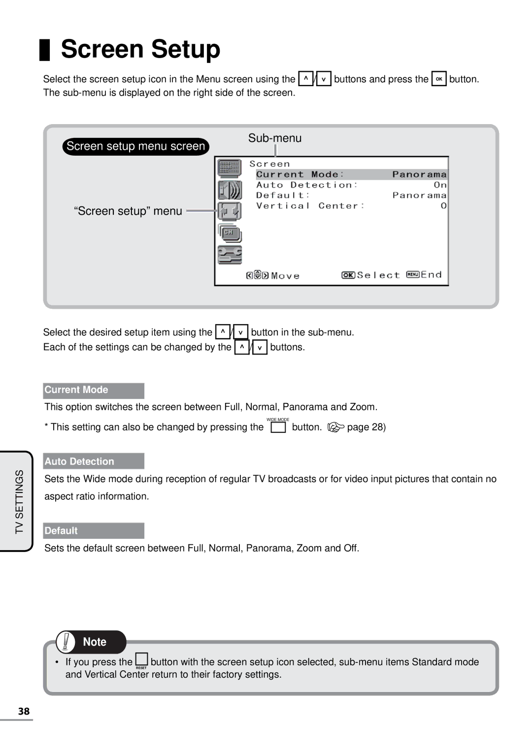 Uniden TL27WRA-W, TL42WRA-B, TL42WRA-W, TL32WRA-B, TL37WRA-W, TL27WRA-B Screen Setup, Screen setup menu screen Sub-menu 