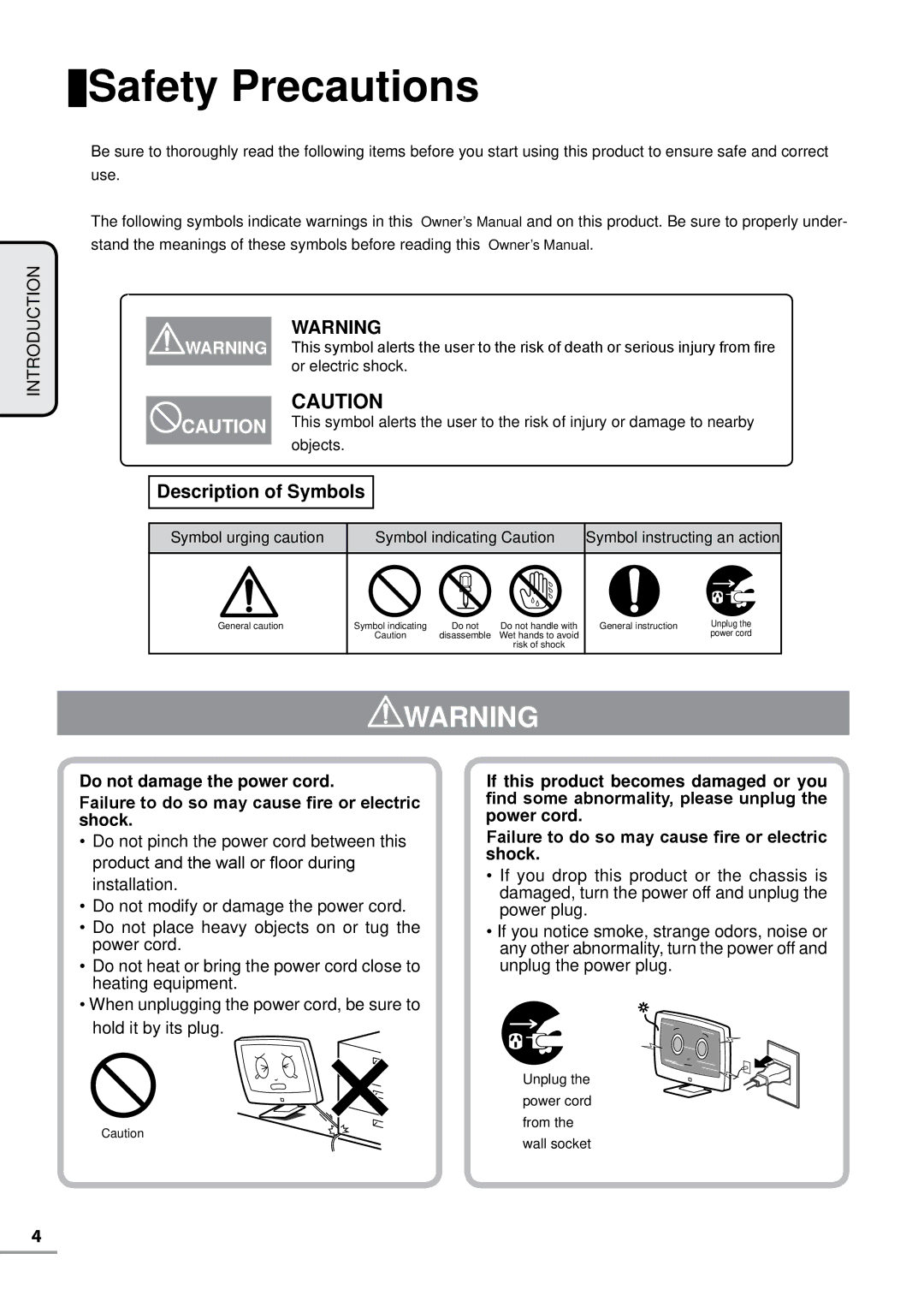 Uniden TL27WRA-B, TL42WRA-B, TL42WRA-W, TL32WRA-B, TL37WRA-W, TL37WRA-B, TL27WRA-W Safety Precautions, Description of Symbols 