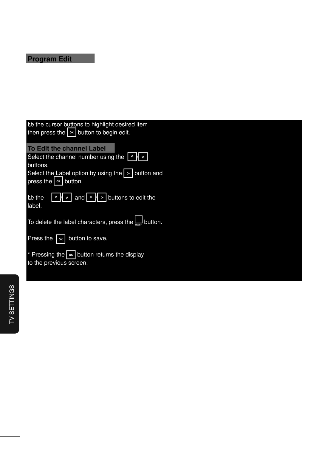 Uniden TL42WRA-B, TL42WRA-W, TL32WRA-B, TL37WRA-W, TL27WRA-B, TL37WRA-B, TL27WRA-W, TL32WRA-W Channel setup Cont’d, Program Edit 