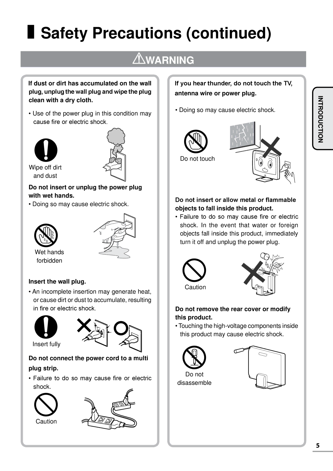 Uniden TL37WRA-B, TL42WRA-B, TL42WRA-W Do not insert or unplug the power plug with wet hands, Insert the wall plug 