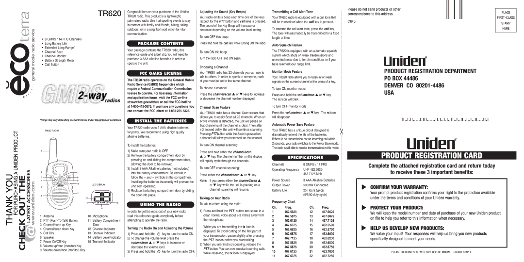 Uniden TR620 specifications Package Contents, FCC Gmrs License Install the Batteries, Using the Radio, Specifications 