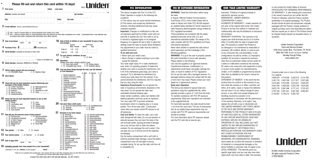 Uniden TR620 specifications FCC Information, FCC RF Exposure Information, ONE Year Limited Warranty, To be safe and sure 