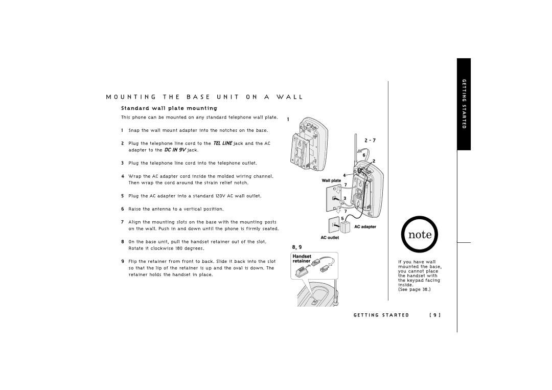 Uniden TRU 246 owner manual U N T I N G T H E B a S E U N I T O N a W a L L, Standard wall plate mounting 