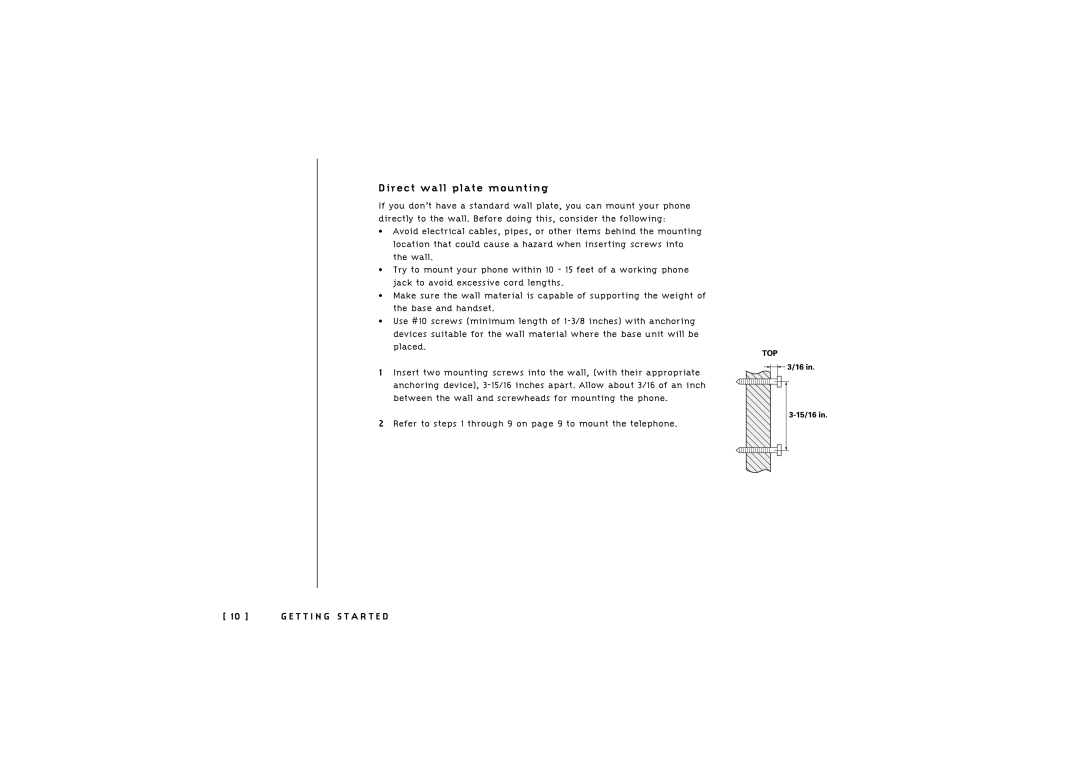 Uniden TRU 246 owner manual Direct wall plate mounting 