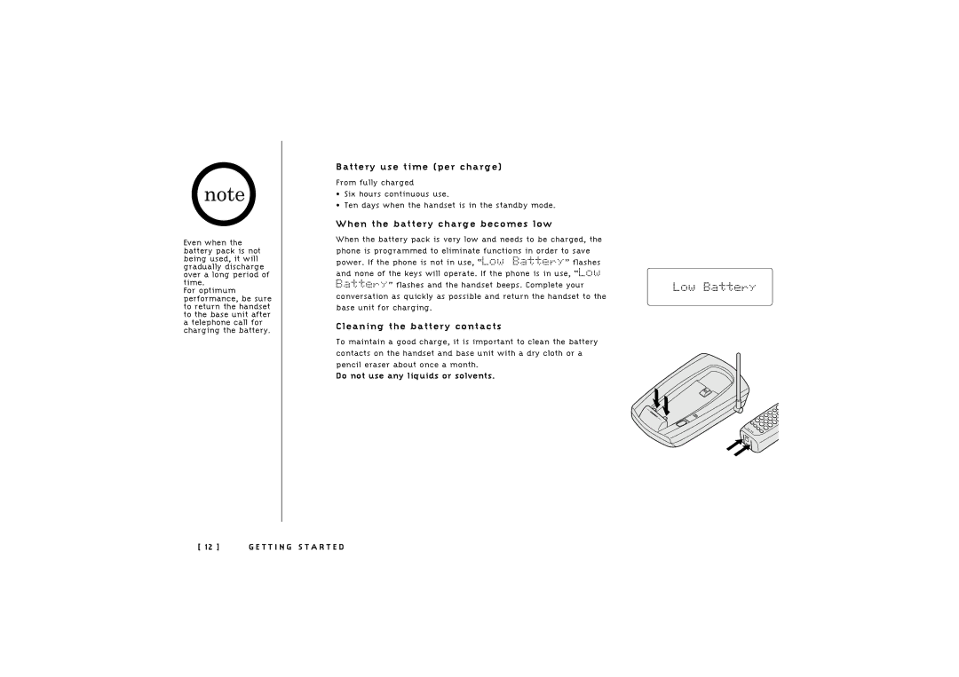 Uniden TRU 246 owner manual Battery use time per charge, When the battery charge becomes low, Cleaning the battery contacts 