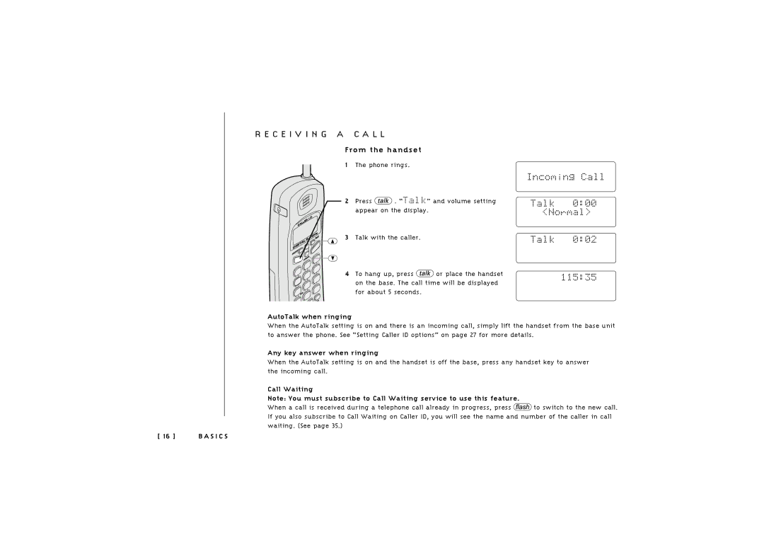 Uniden TRU 246 owner manual C E I V I N G a C a L L, From the handset, AutoTalk when ringing, Any key answer when ringing 