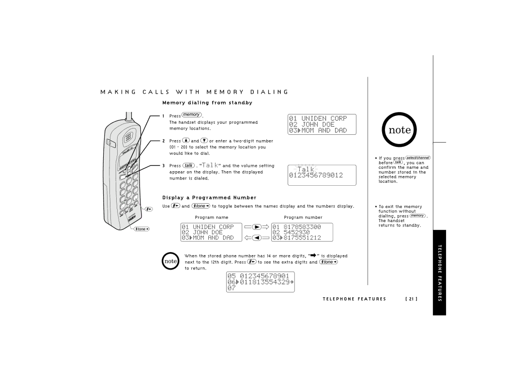 Uniden TRU 246 owner manual K I N G C a L L S W I T H M E M O R Y D I a L I N G, Memory dialing from standby 