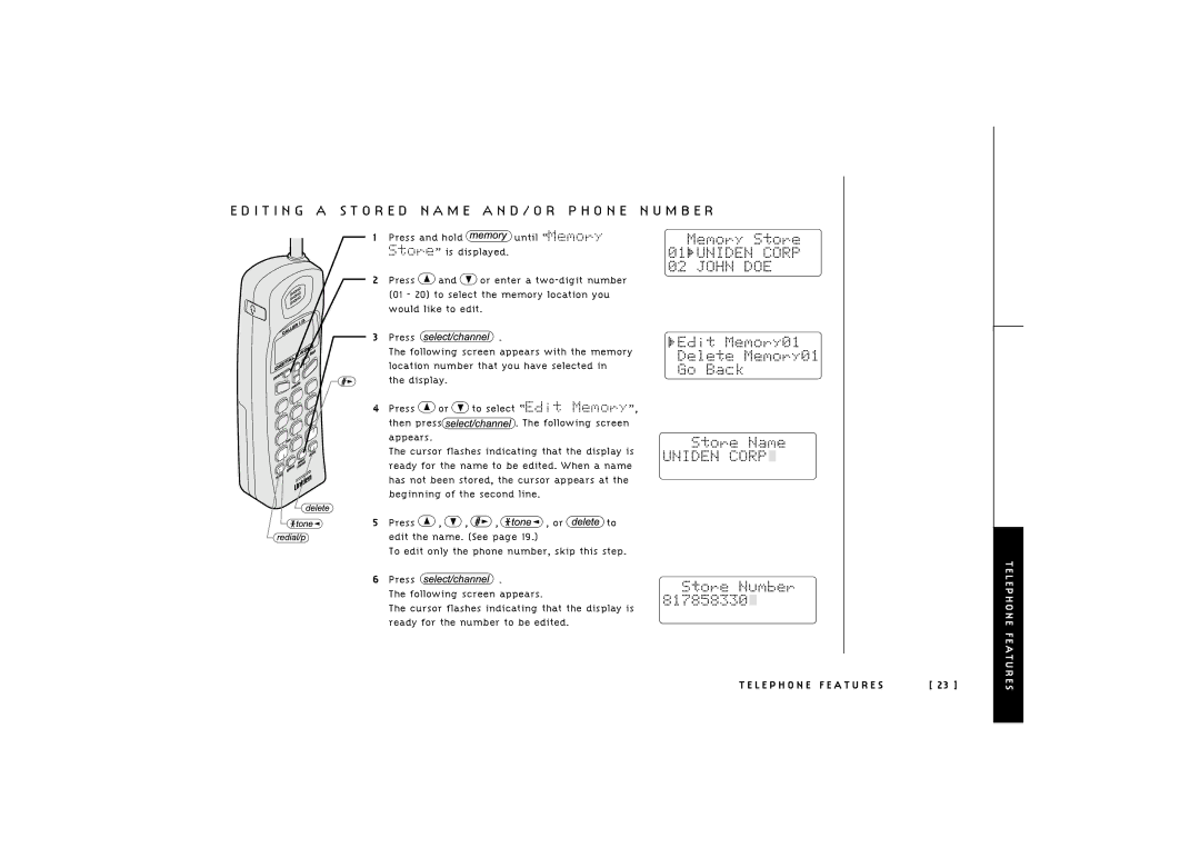 Uniden TRU 246 owner manual L E P H O N E F E a T U R E S 