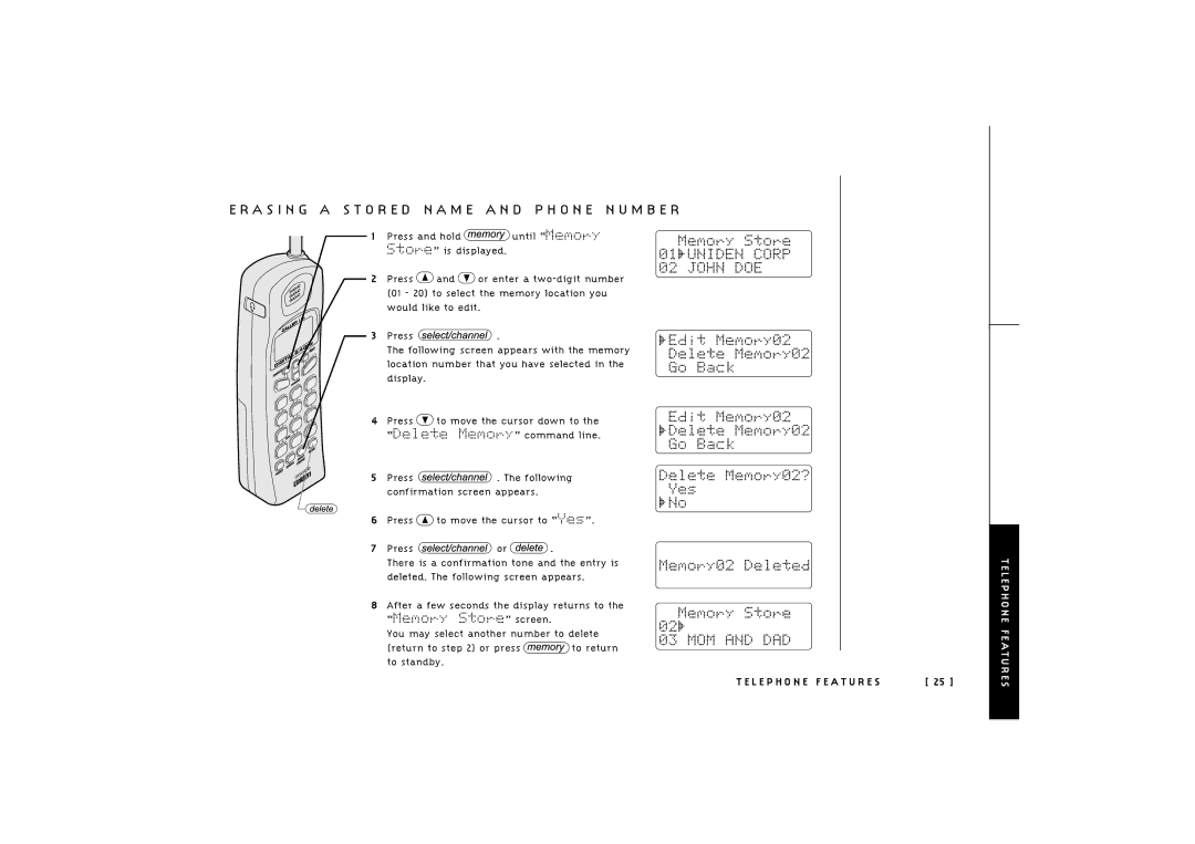 Uniden TRU 246 owner manual A S I N G a S T O R E D N a M E a N D P H O N E N U M B E R 