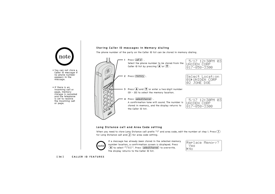 Uniden TRU 246 owner manual Storing Caller ID messages in Memory dialing 