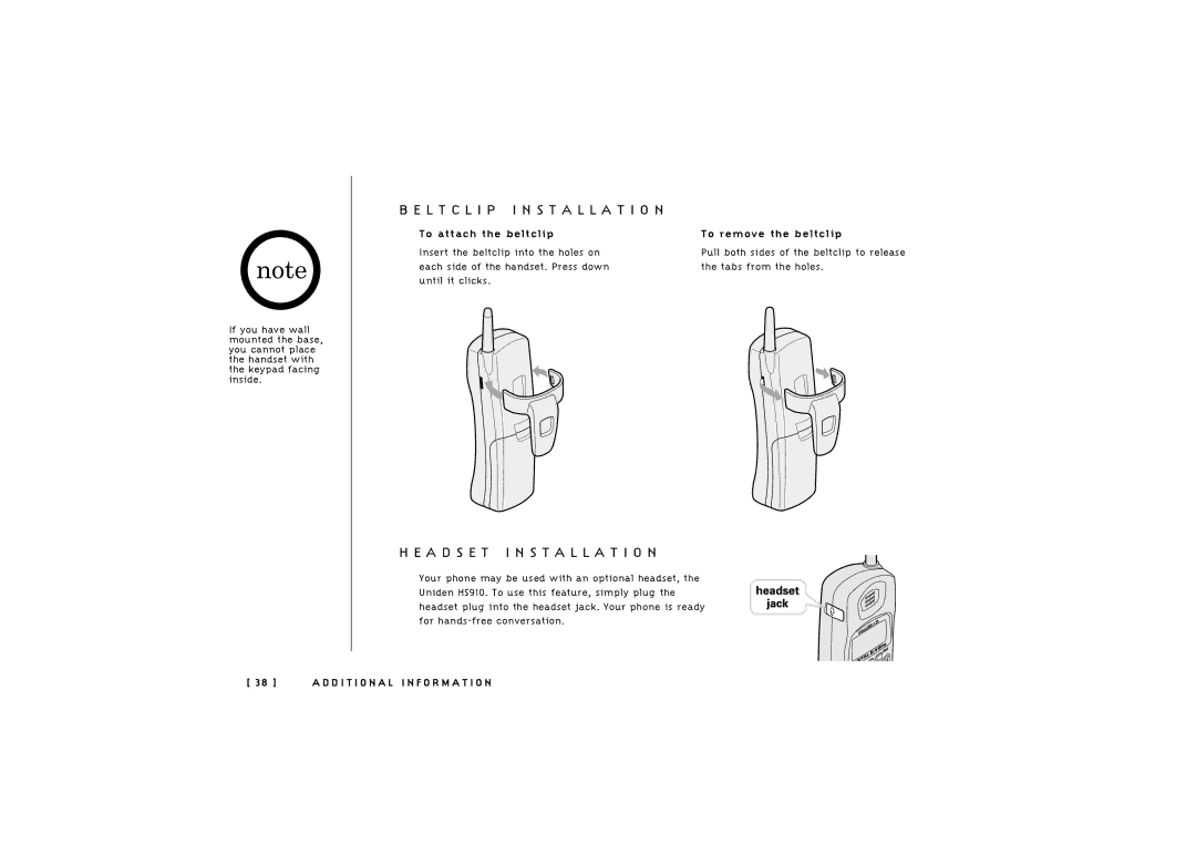 Uniden TRU 246 owner manual L T C L I P Installation, A D S E T Installation, To attach the beltclip To remove the beltclip 