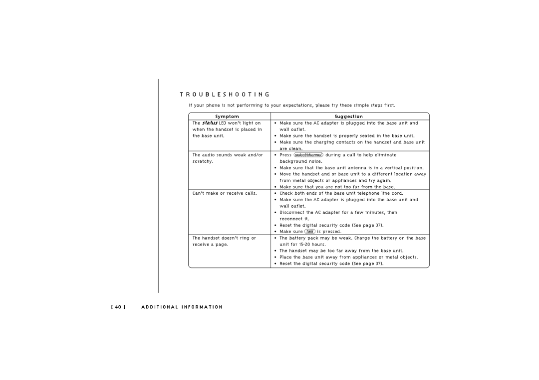 Uniden TRU 246 owner manual Troubleshooting, Symptom, Suggestion 