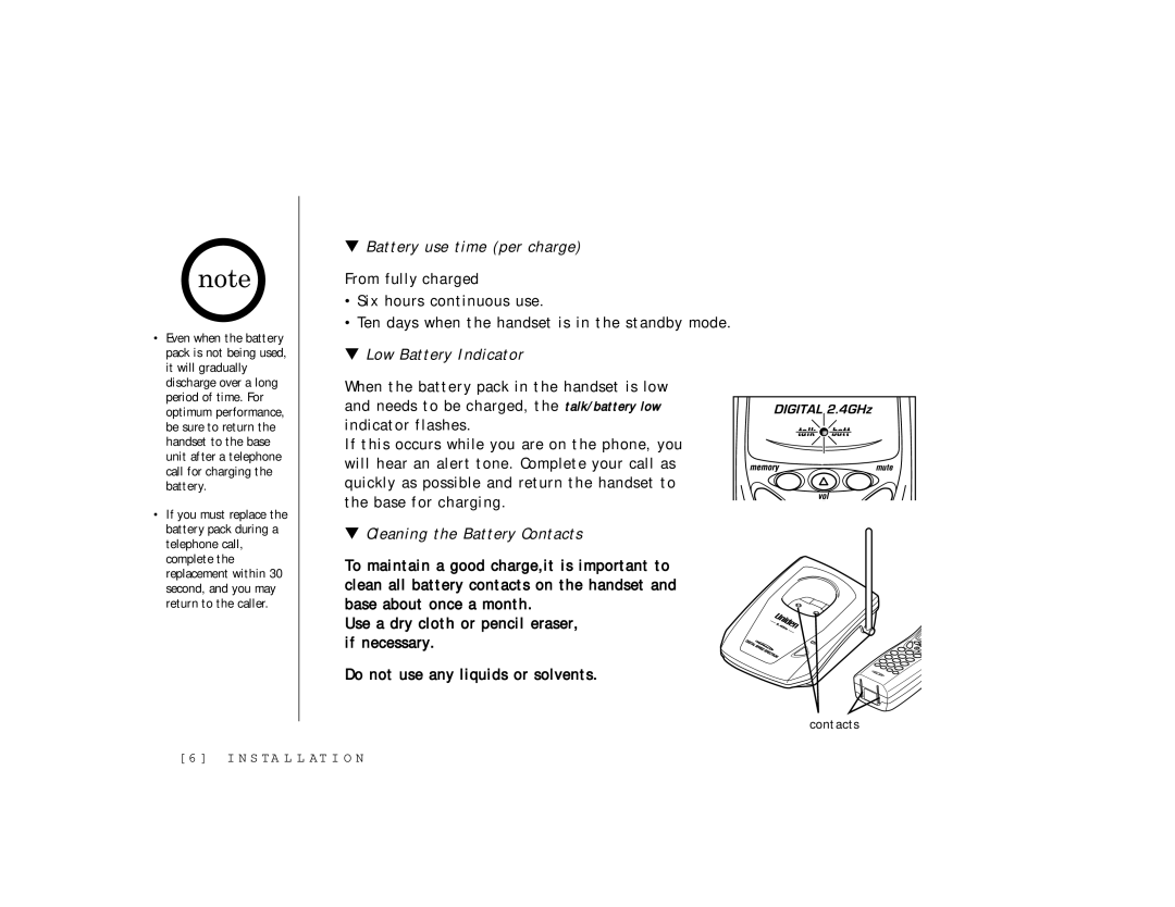 Uniden TRU 341 owner manual Battery use time per charge 