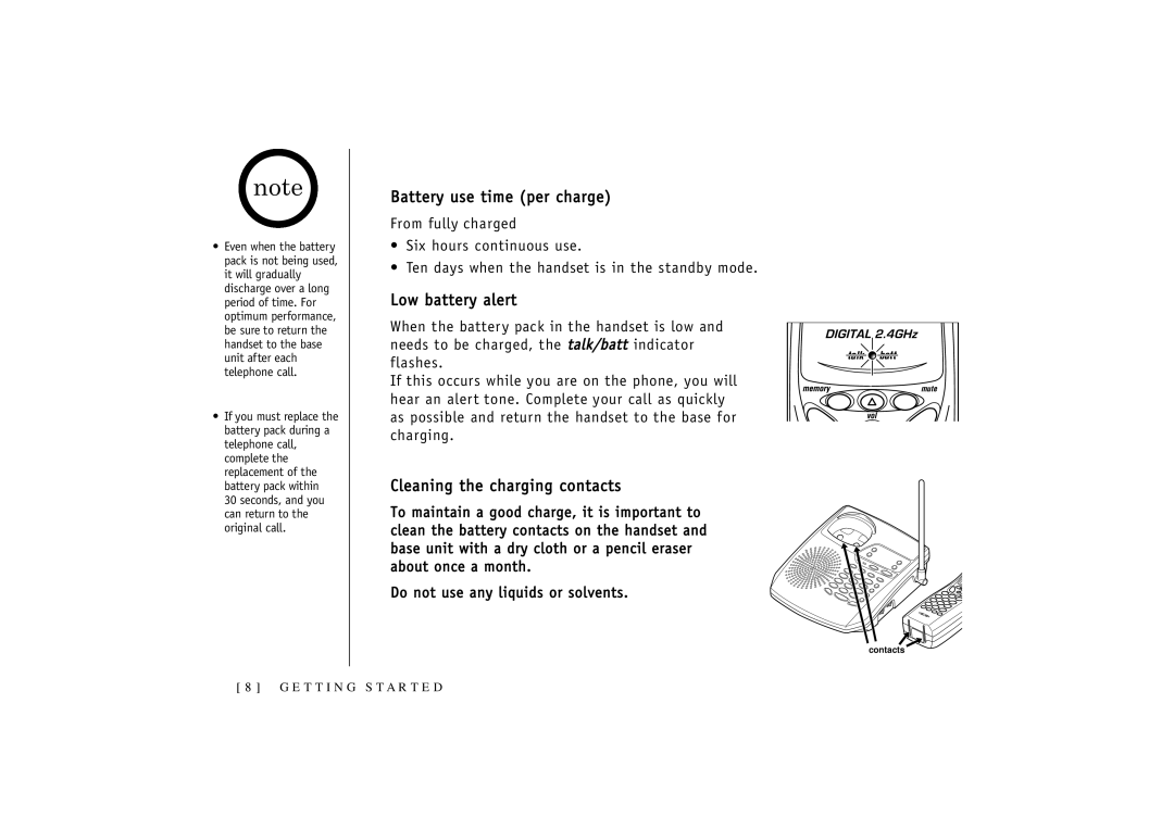 Uniden TRU 3455 owner manual Battery use time per charge, Low battery alert, Cleaning the charging contacts 