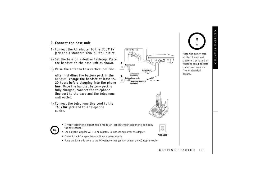 Uniden TRU 3455 owner manual Connect the base unit 