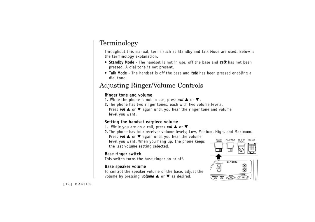 Uniden TRU 3455 owner manual Terminology, Adjusting Ringer/Volume Controls 