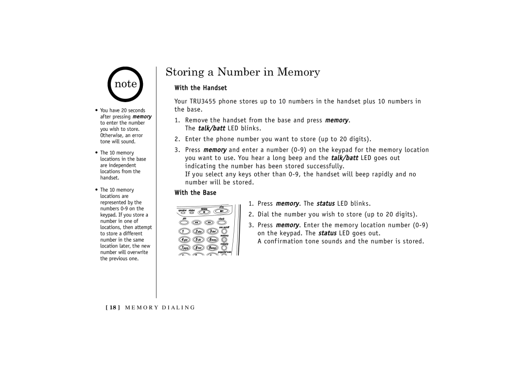 Uniden TRU 3455 owner manual Storing a Number in Memory 