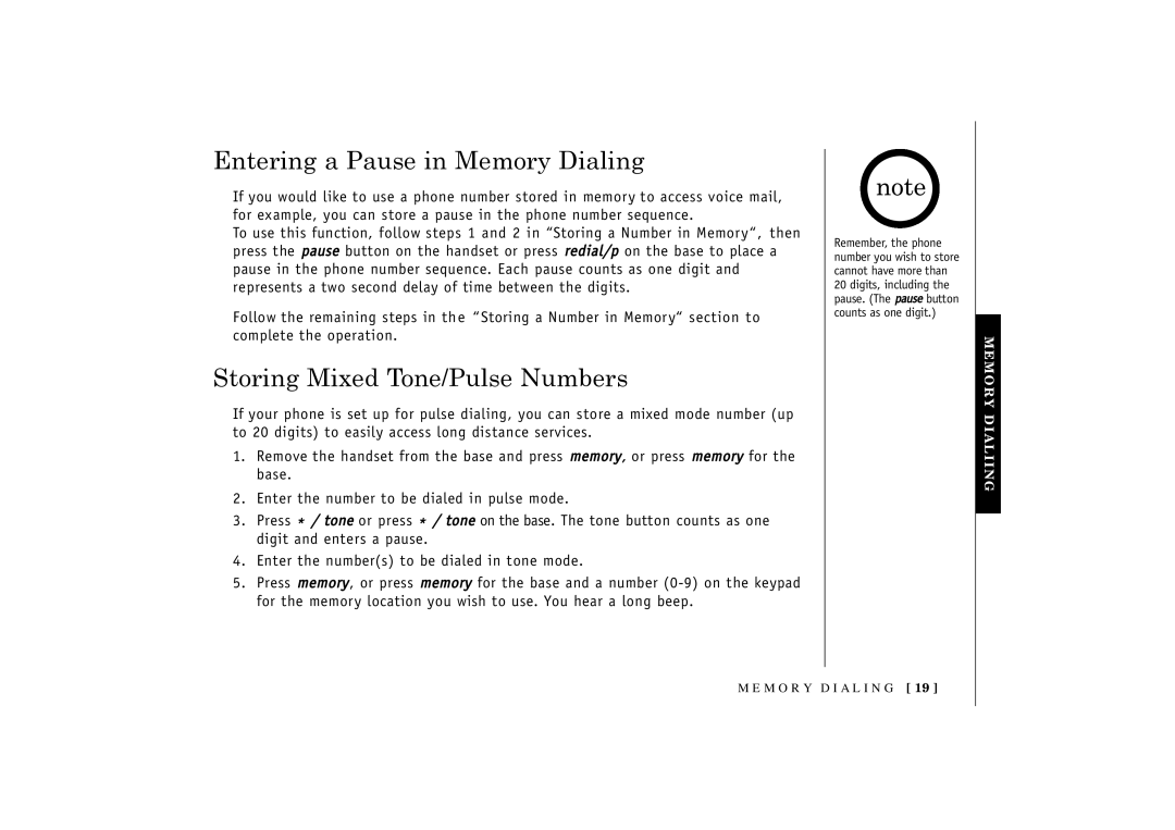 Uniden TRU 3455 owner manual Entering a Pause in Memory Dialing, Storing Mixed Tone/Pulse Numbers 