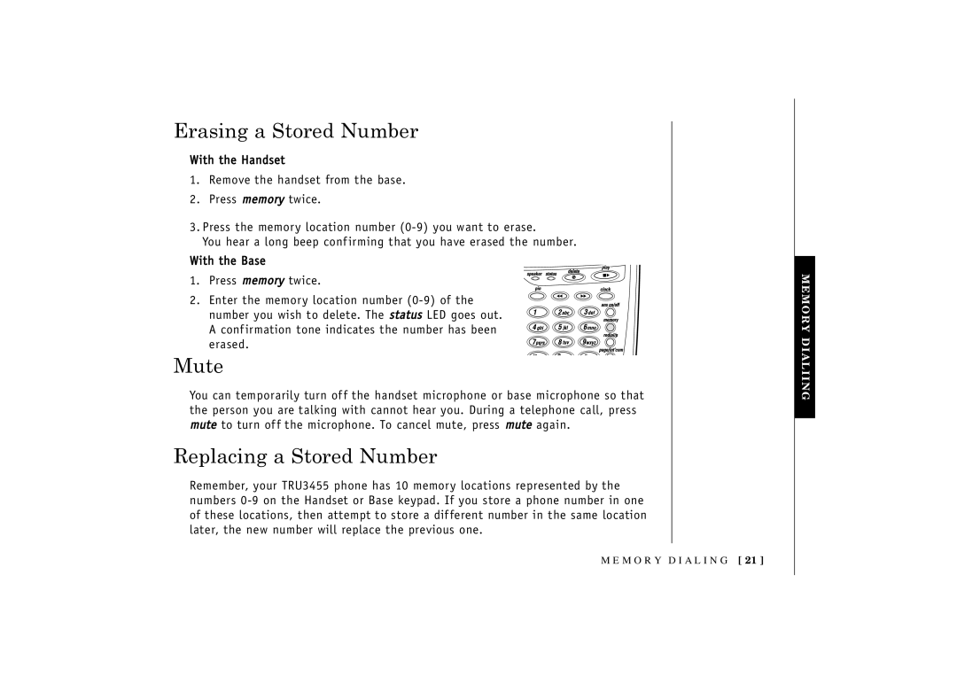 Uniden TRU 3455 owner manual Erasing a Stored Number, Mute, Replacing a Stored Number 