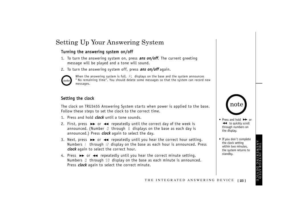 Uniden TRU 3455 owner manual Setting Up Your Answering System, Turning the answering system on/off, Setting the clock 