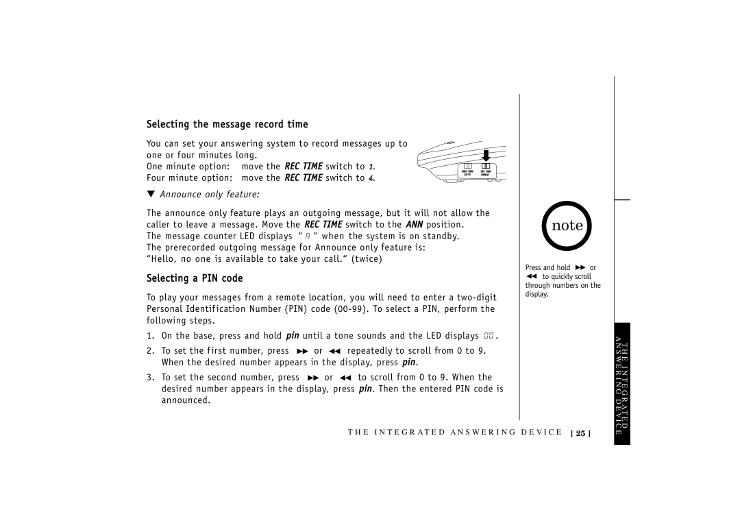 Uniden TRU 3455 owner manual Selecting the message record time, Selecting a PIN code 