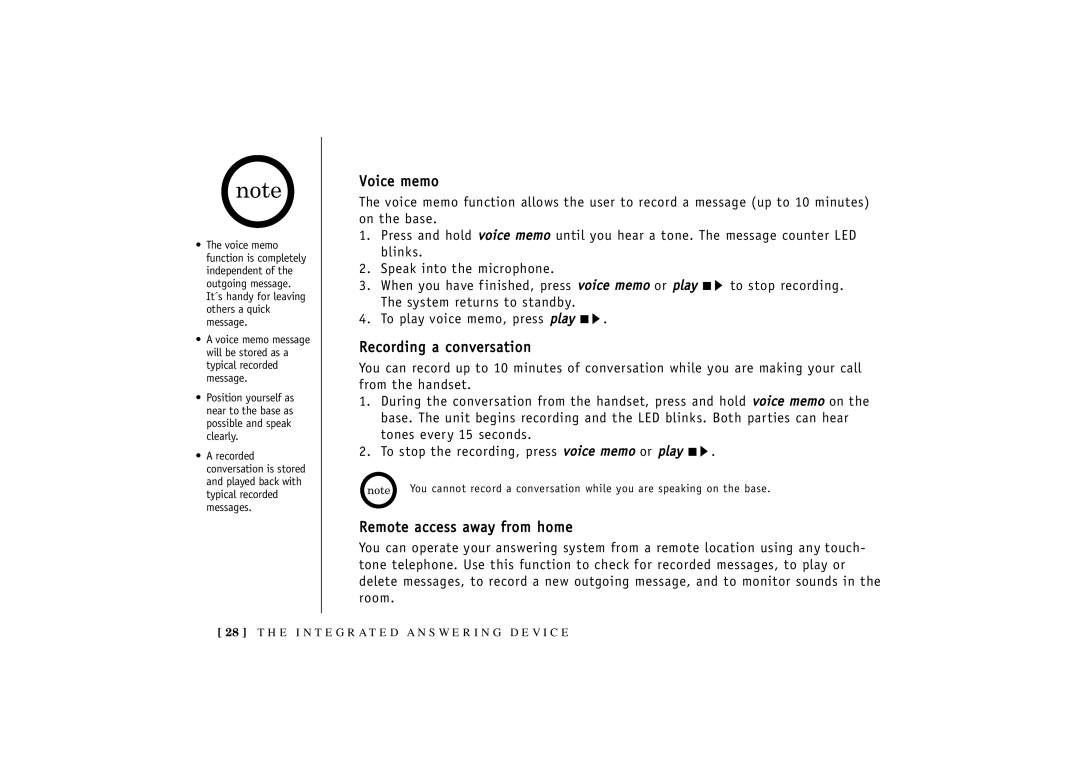 Uniden TRU 3455 owner manual Voice memo, Recording a conversation, Remote access away from home 