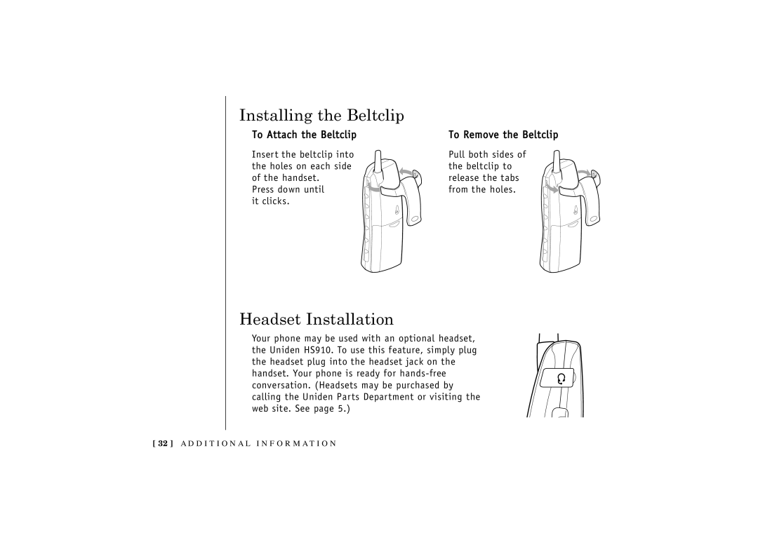 Uniden TRU 3455 owner manual Installing the Beltclip, Headset Installation, To Attach the Beltclip To Remove the Beltclip 