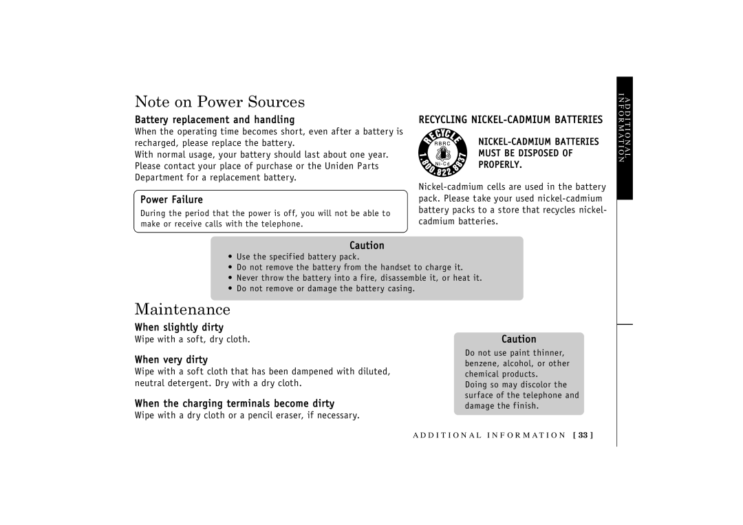 Uniden TRU 3455 owner manual Maintenance 