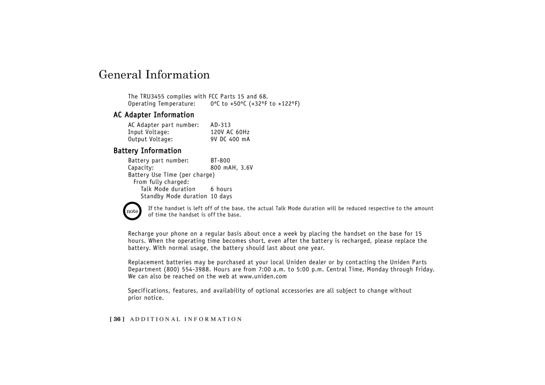 Uniden TRU 3455 owner manual General Information, AC Adapter Information, Battery Information 