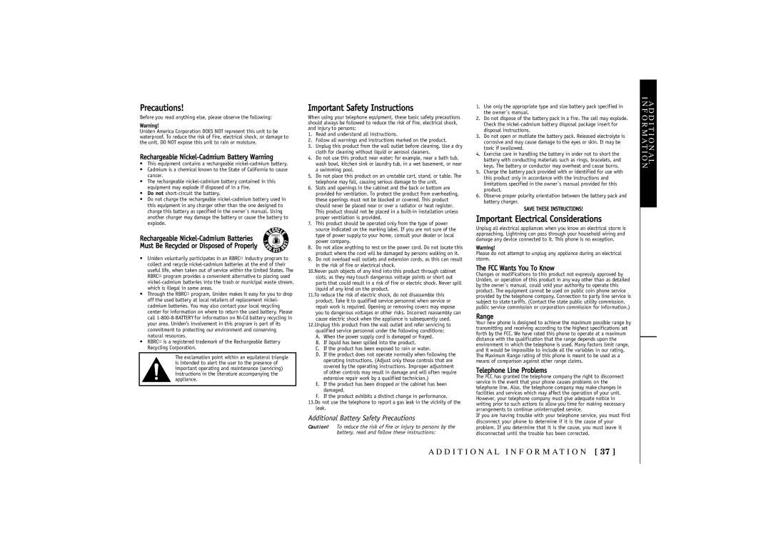 Uniden TRU 3455 owner manual Precautions 