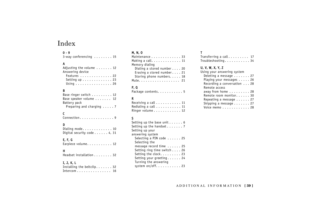 Uniden TRU 3455 owner manual Index 