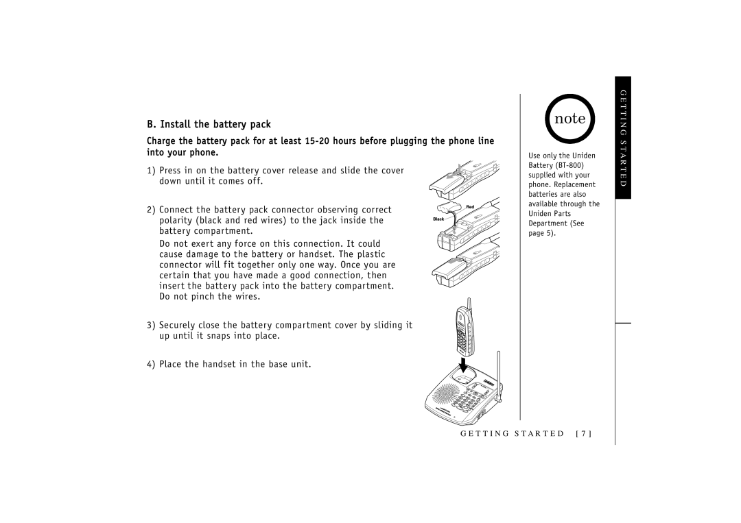 Uniden TRU 3455 owner manual Install the battery pack 