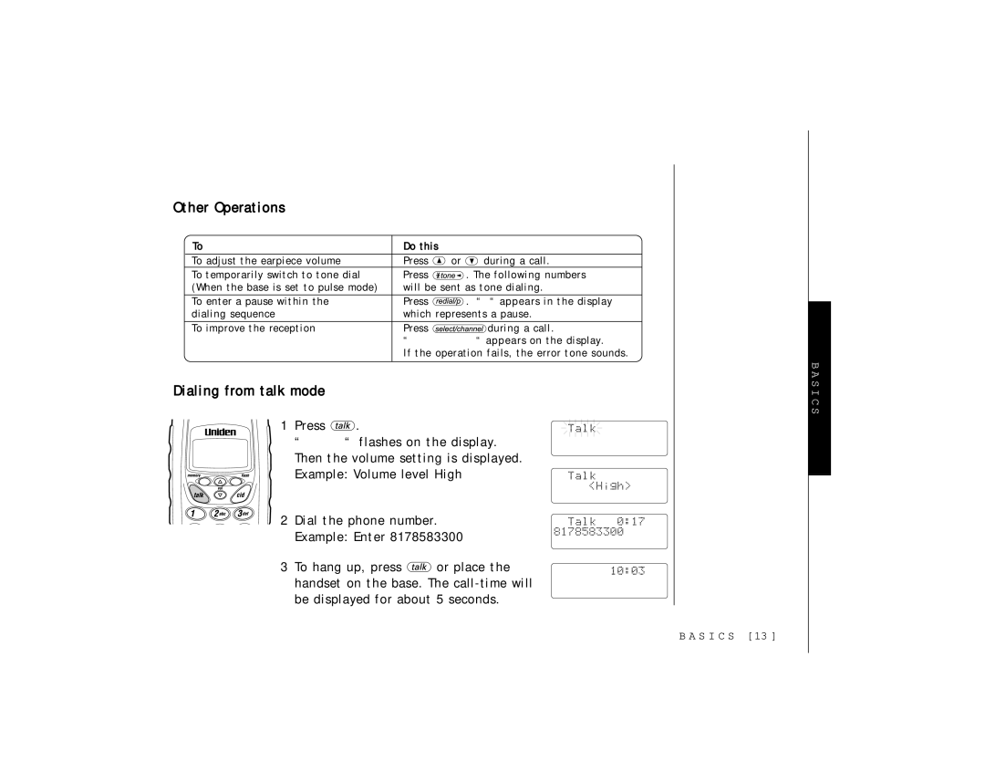 Uniden TRU 346 owner manual Other Operations, Dialing from talk mode 