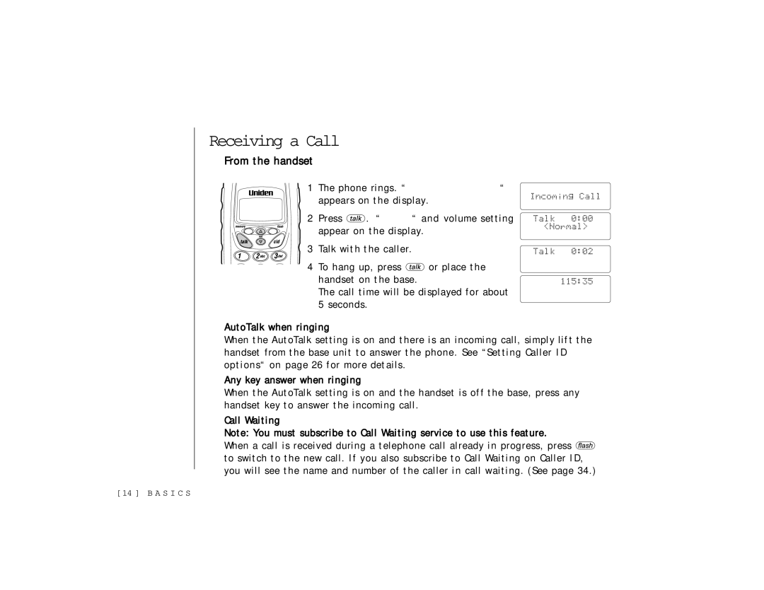 Uniden TRU 346 owner manual Receiving a Call, From the handset 