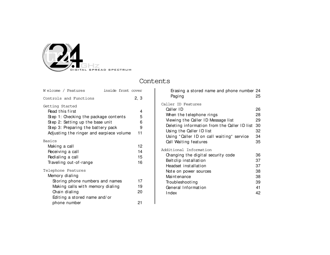 Uniden TRU 346 owner manual Contents 