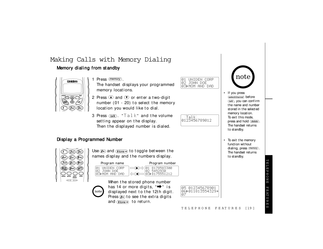 Uniden TRU 346 owner manual Memory dialing from standby, Display a Programmed Number 