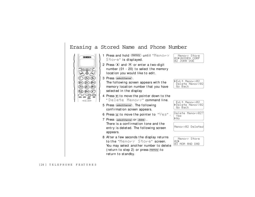 Uniden TRU 346 owner manual Erasing a Stored Name and Phone Number 