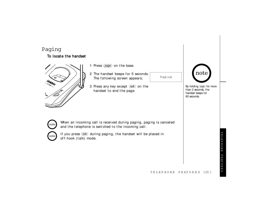 Uniden TRU 346 owner manual Paging, To locate the handset 