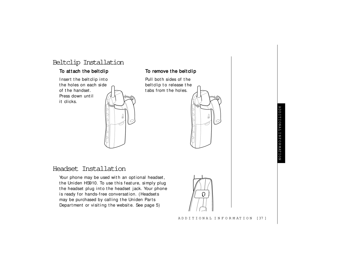 Uniden TRU 346 owner manual Beltclip Installation, Headset Installation, To attach the beltclip To remove the beltclip 